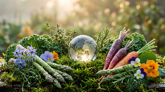 World Vegetarian Day concept with globe and fresh organic vegetables