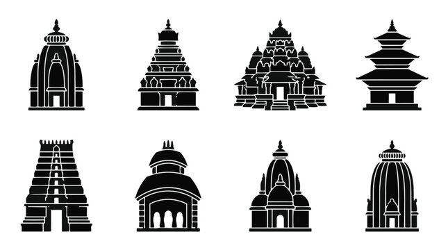 Set of Indian temple icons and silhouettes representing traditional architectural styles for Hindu religious culture and Diwali festival design elements.