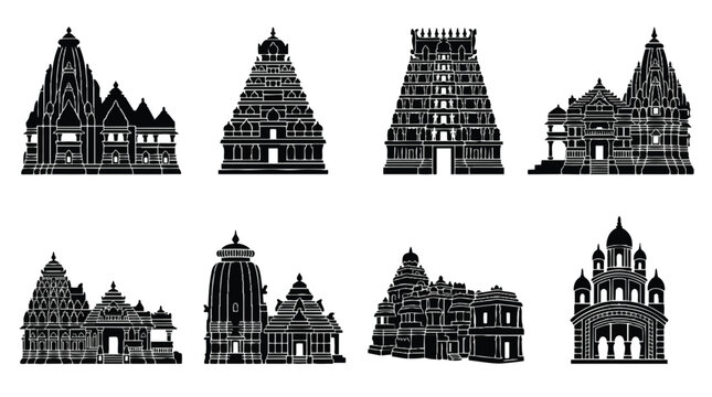 Set of traditional Indian Hindu temple silhouettes illustrating diverse architectural styles and sacred monuments.