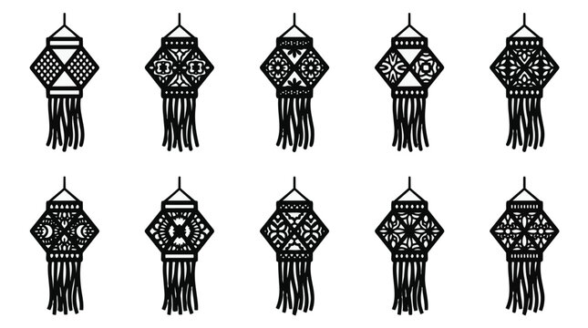 Vector illustration set of traditional Diwali paper lanterns or akash kandil hanging decoration icons.