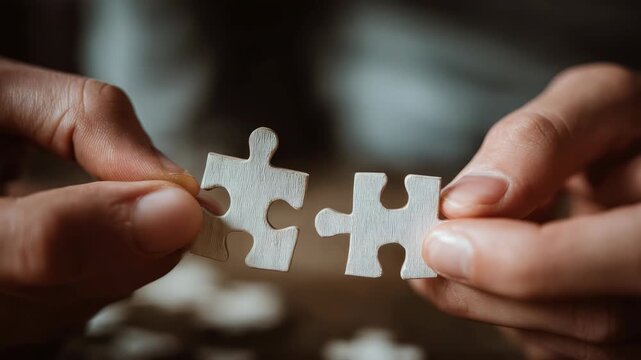 Hands connecting two jigsaw puzzle pieces together for business strategy and problem solving concept, close up shot of teamwork and partnership