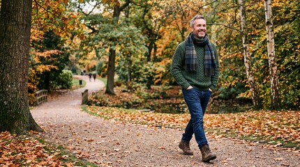 Obraz premium Man in green sweater and scarf walking on autumn path surrounded by colorful fall foliage and trees