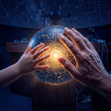 A child and an adult reaching out to touch a glowing celestial sphere depicting constellations inside a planetarium