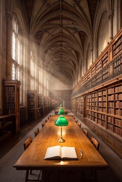 Majestic gothic library interior with tall wooden bookshelves, long study table, green banker lamps, open book, and light rays streaming through windows