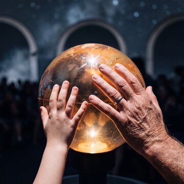 Close-up of a child's hand and an older adult's hand touching a glowing illuminated globe together in a dark planetarium