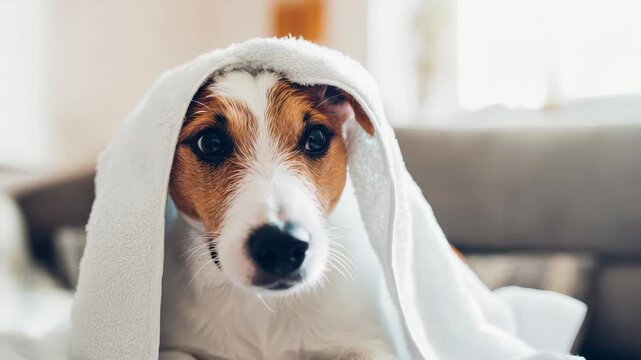 Cute Jack Russell Terrier dog wrapped in a soft white towel after bathing at home, looking at the camera with expressive eyes, video footage