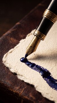 Vintage luxury fountain pen writing with deep blue ink on textured handmade parchment paper close up