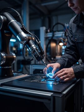 Female engineer working alongside a robotic arm to assemble high-tech microchips in a modern electronics manufacturing facility
