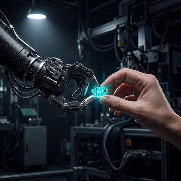 A human hand and a sophisticated robotic arm delicately pass a glowing energy crystal inside a high-tech industrial research laboratory