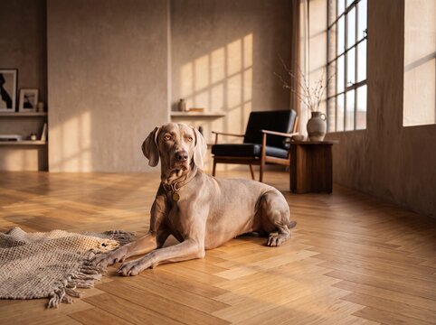Elegant Weimaraner dog relaxing on a wooden parquet floor inside a modern, sunlit interior living room