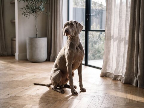 A beautiful Weimaraner dog sitting attentively on a herringbone wooden floor inside a stylish modern home filled with natural light