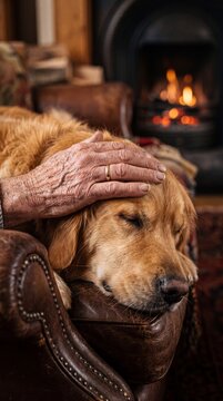 An elderly man's wrinkled hand gently petting a sleeping golden retriever dog by a warm fireplace at home