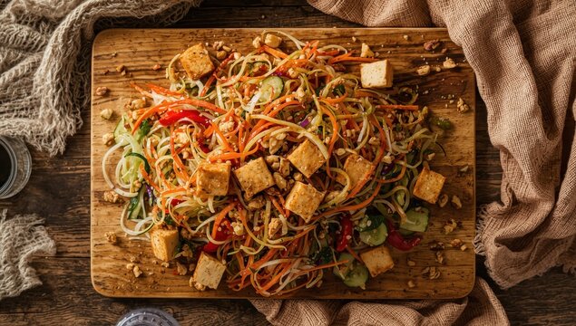 Vegetable and tofu glass noodle salad in nut dressing, viewed from above on a wooden board.