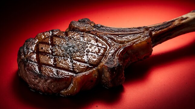 Grilled tomahawk steak sits on red surface. Juicy roasted beef chop with bone salt spices crust. Delicious cooked meat dish ready for dinner meal. Restaurant gourmet food cuisine menu pro photo for