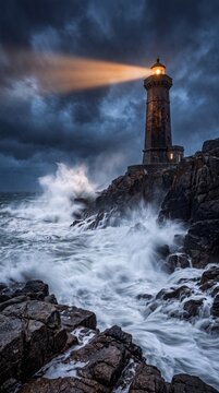 Majestic stone lighthouse beaming light through a stormy dark night sky with powerful ocean waves crashing on rocky cliffs