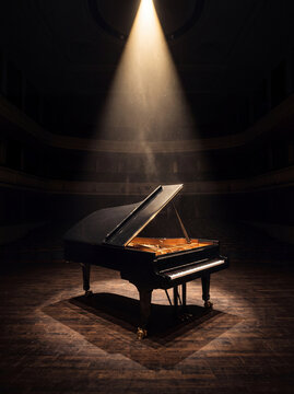 A classic black grand piano illuminated by a dramatic top spotlight on an empty wooden concert hall stage