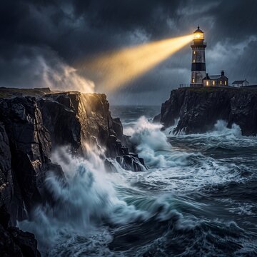 A tall lighthouse shines a powerful beam of light through a dramatic stormy night while powerful ocean waves crash against rocky coastal cliffs