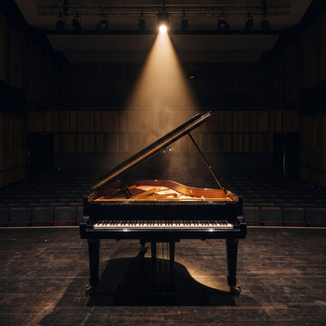 Elegant Grand Piano Standing Alone on Stage Under a Single Dramatic Spotlight in an Empty Dark Concert Hall