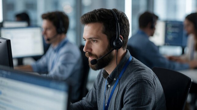 Professional support operator wearing headset works at office desk. Male specialist manages urgent technical calls, troubleshoots software issues. Team of help desk experts provides remote