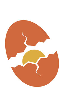 Minimalist silhouette of a cracked oval egg with two separated shell pieces on a solid white background simple geometric egg concept