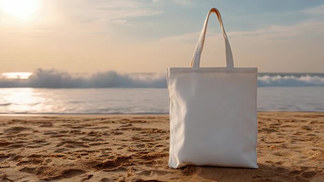 Blank White Canvas Tote Bag Mockup Standing on Sandy Beach Shoreline at Sunset for Branding Design Presentation and Eco Friendly Product Advertising