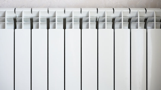 Close-up of a modern white panel radiator mounted on a wall. Central heating system in a domestic interior. Winter temperature control concept