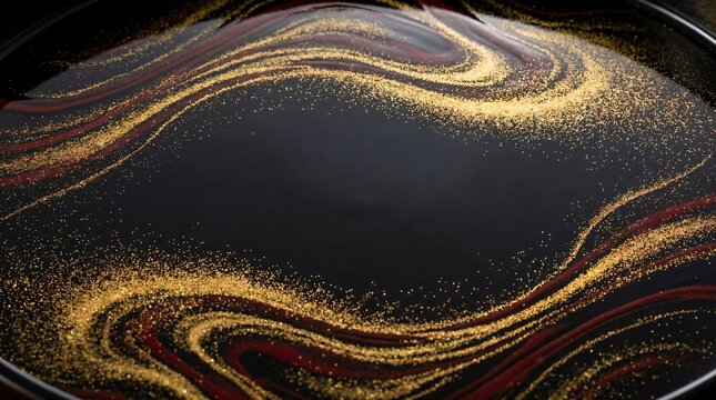 High contrast Japanese makie lacquer texture with swirling gold dust particles and red waves on dark background with copy space