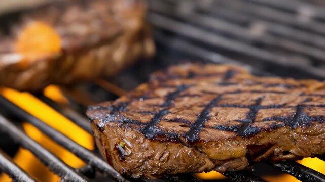 Juicy beef steak grilling on hot barbecue grate with flames, close up shot of delicious meat cooking outdoors for a summer dinner party event