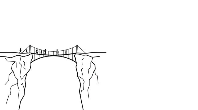 Minimalist Line Drawing of People Crossing a Mountain Bridge