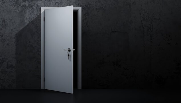 White door with a silver knob and keys on gray concrete, set against a black background, symbolizing opening or closing a door and misplacing keys.