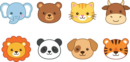 Set of cute cartoon animal faces including elephant bear cat cow lion panda dog and tiger © Lipi