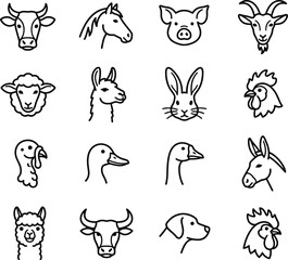 Obraz premium Set of farm animal head icons featuring various livestock and poultry in a simple black line style