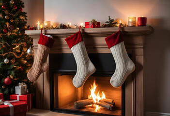 Obraz premium Three christmas stockings hanging on a wooden fireplace mantel with a decorated tree and burning fire, Cozy and warm holiday atmosphere, perfect for winter celebrations and family gatherings