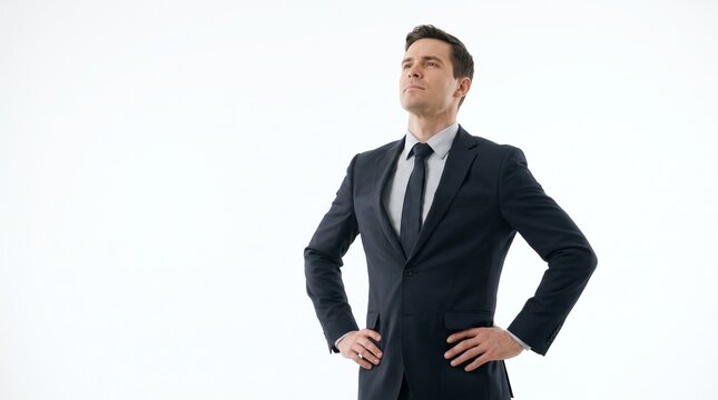 A confident businessman in a dark suit stands with his hands on his hips, looking upwards with a determined expression. The white background emphasizes his strong pose and professional attire