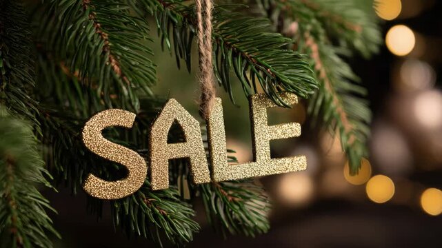 Golden Sale sign hanging on a Christmas tree branch with festive bokeh lights background for winter holiday shopping promotions and retail events