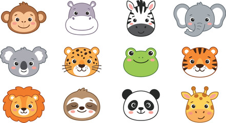Set of cute cartoon animal faces including monkey hippo zebra elephant koala tiger frog lion sloth and panda © Lipi