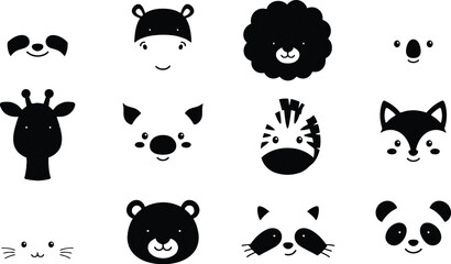 Obraz premium Set of cute hand drawn animal faces in black and white style for nursery decor and kids design