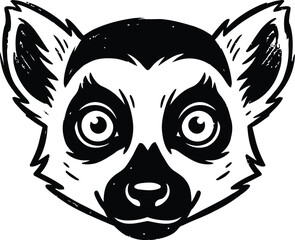 Stylized black and white illustration of a lemur face with large expressive eyes and detailed fur texture © Lipi