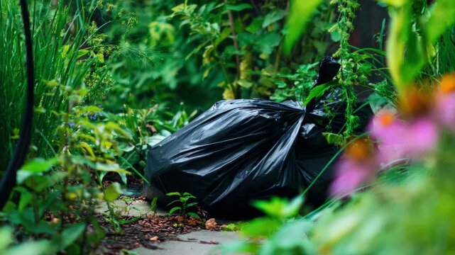 Black plastic garbage bag discarded in a lush green garden setting, environmental pollution concept showing waste left in nature, outdoor scene