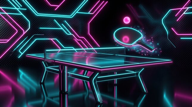 Futuristic neon ping pong table in cyberpunk style, glowing table tennis court with paddle and ball, synthwave sports arena with pink and blue lights