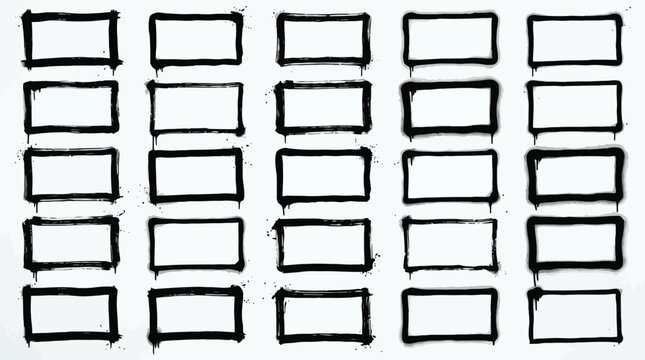Graffiti spray paint frames set, 25 black rectangular border elements with ink drips, urban street art vector collection for text boxes