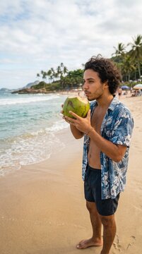 Young Brazilian man drinking coconut water on a tropical beach