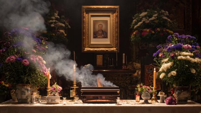Traditional funeral altar with burning incense sticks and floral arrangements for memorial service in a quiet room setting for mourning ceremony