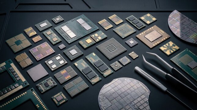 Modular semiconductor chiplet assembly with interposer, wafer fragment, precision tweezers, and antistatic foam on a workbench