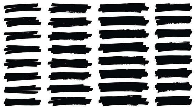 Black marker strokes and highlight lines set, 32 hand drawn felt tip pen brush elements, grunge ink texture underline collection for text emphasis