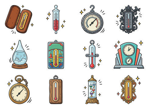 Collection of vintage thermometers and weather instruments with a playful and whimsical style
