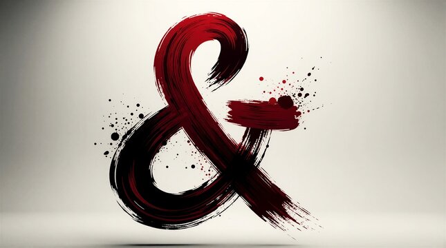 Abstract grunge ampersand symbol made with dark red and black ink brush strokes. Splatters and drips add texture and a dynamic artistic feel to the design element, suitable for graphic needs.