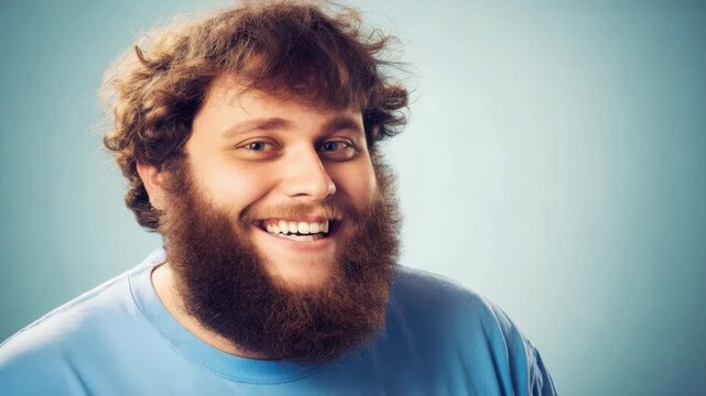 Portrait of a happy young man with a thick beard smiling at the camera, wearing a blue t-shirt, captured in a studio setting with soft lighting
