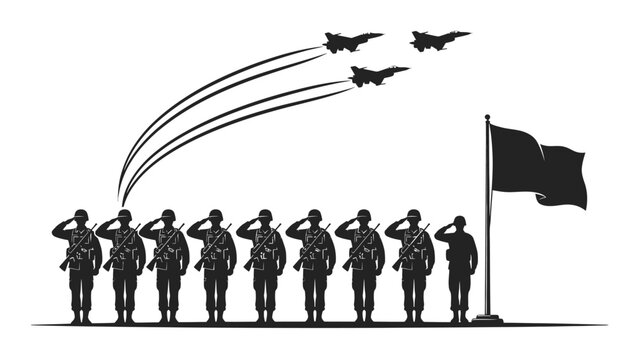 Soldiers saluting the flag during a jet flyover airshow