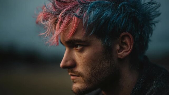 Profile portrait of a young man with colorful dyed hair looking away in a moody cinematic setting for creative lifestyle and fashion concepts